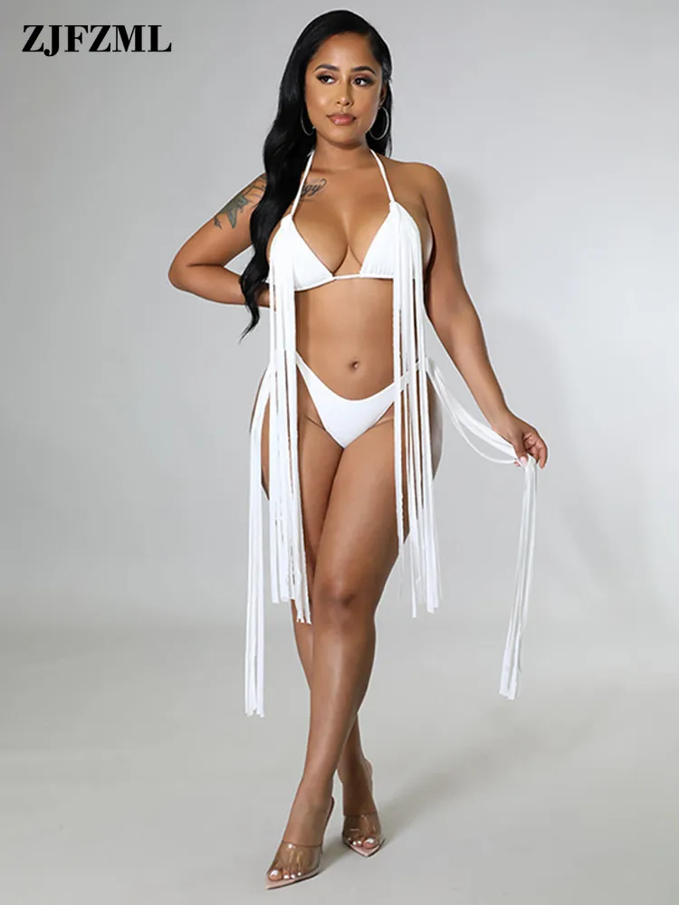 

Black White Women Two Piece Bikini Sets Tassels Fringe Spliced Halter Backless Crop Top and Low Waist Briefs Swimsuits Swimwear