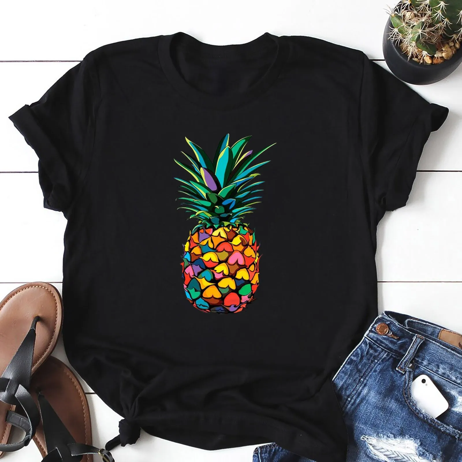 

Women's Tee Shirts Women Casual Pineapple Printing Short Sleeves Crew Neck Loose TShirt Blouse Yoga Wear Set Fashion T Shirt