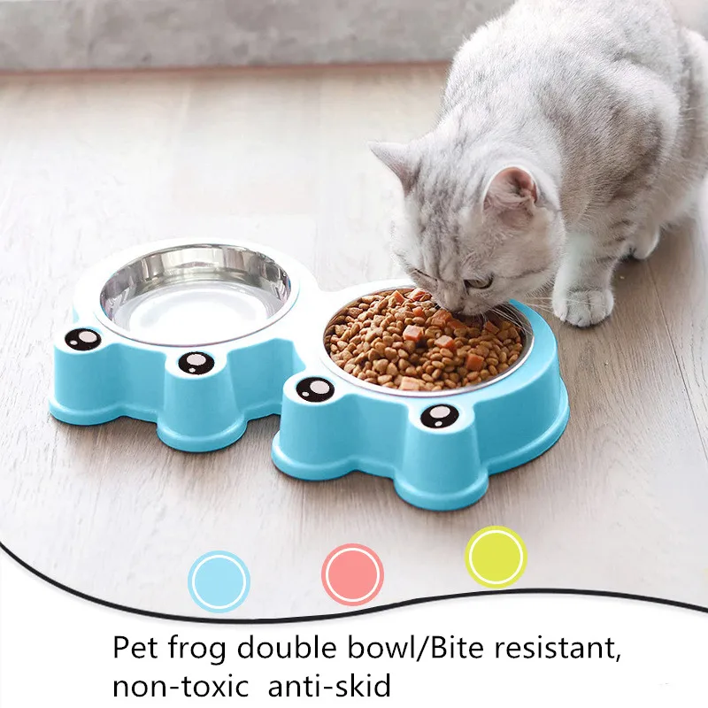 

Dog Supplies Pet Feeder Drinker New Cute Cat Bowl Dogs Bowls Frog Shape Stainless Steel Double Bowl Puppy Universal Pet Products