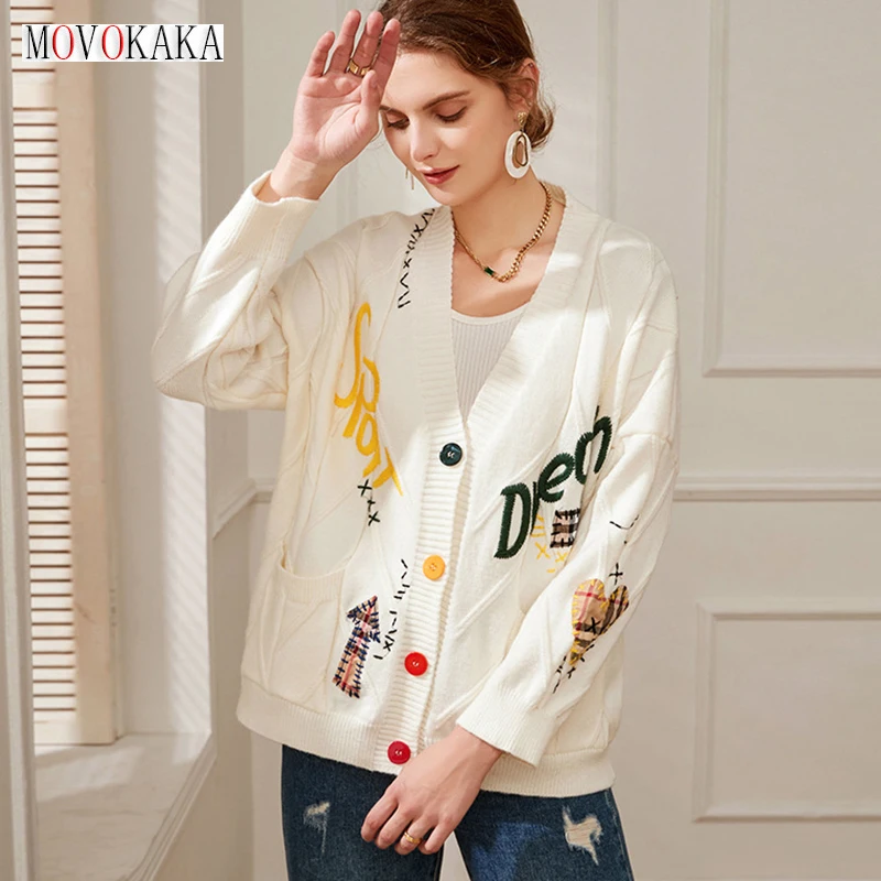 

MOVOKAKA Fashion Embroidered Knitted Cardigans Sweaters Women V Neck Letter Design Autumn Winter Cardigan Sweater Woman Top Coat