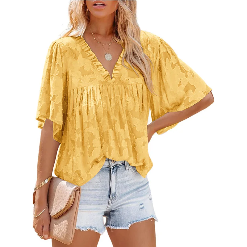 Summer V-neck Pleated Blouses for Women Loose Casual Solid Shirts Fashion Ruffles Short Flare Sleeve Blouse Tops Blusas Feminina
Summer V-neck Pleated Blouses for Women Loose Casual Solid Shirts Fashion Ruffles Short Flare Sleeve Blouse Tops Blusas Feminina