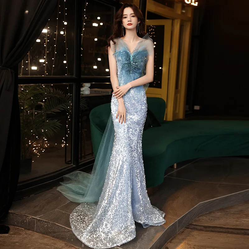 

Sexy Fishtail Skirt Gradient Evening Dress Women's 2022 New Banquet Atmosphere Sky Blue Bra Long Annual Meeting Host Dress