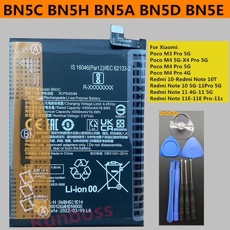 

Original BN5C BN5H BN5A BN5D BN5E Battery for Xiaomi Redmi Note 10 10T 11E 11 Pro 5G 11s 4G,Pocophone Poco M5 M4 M3 X4 Pro 5G