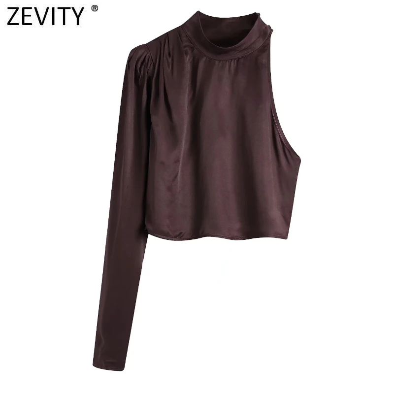 Zevity Women Sexy One Shoulder Soft Satin Asymmetric Short Smock Blouse Ladies Chic Pleats Shirts Kimono Crop Blusas Tops LS9952 
Zevity Women Sexy One Shoulder Soft Satin Asymmetric Short Smock Blouse Ladies Chic Pleats Shirts Kimono Crop Blusas Tops LS9952