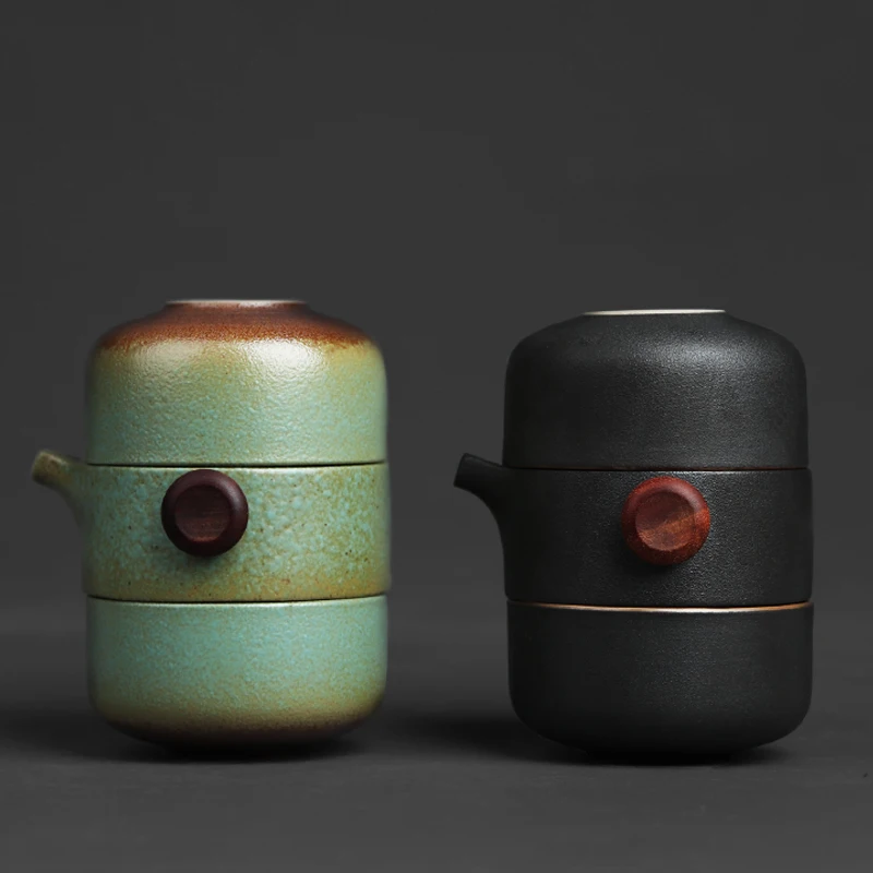 

Шероховатая керамика в стиле ретро, дорожный чайный набор с одним горшком и двумя чашками, ручная работа, керамическая портативная чайная утварь