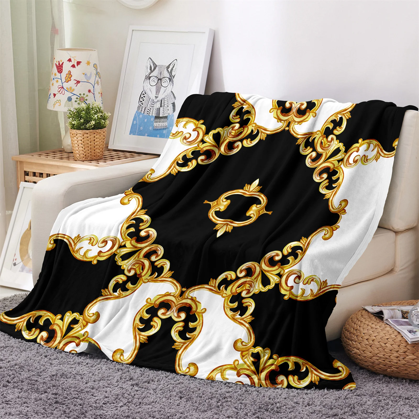 Custom Classic 3D Baroque Black Luxury Brands Modern Design Soft Warm Polyester Throw Flannel Blanket for Couch Bed Travel Cover
Custom Classic 3D Baroque Black Luxury Brands Modern Design Soft Warm Polyester Throw Flannel Blanket for Couch Bed Travel Cover