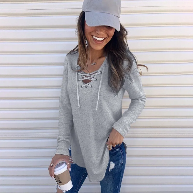 Women V-neck Long Sleeve Cross Bandage T-shirts 2021 Large Size Summer Solid T-shirt Female Tops Black White Sexy Slim Tees Pop
Women V-neck Long Sleeve Cross Bandage T-shirts 2021 Large Size Summer Solid T-shirt Female Tops Black White Sexy Slim Tees Pop