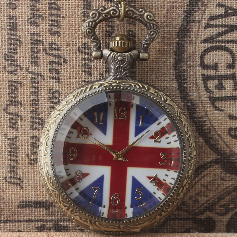 

Кварцевые часы с британским флагом, резным рисом, нейтральные мужские и женские большие карманные часы в стиле ретро с бежевым узором, оптов...