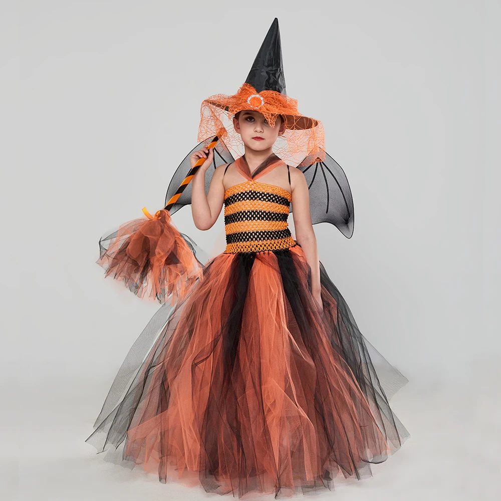 

Black Orange Girls Creepy Witch Tutu Dress Jackolantern Pumpkin Inspired Halloween Costume Kids Fancy Carnival Party Dresses
