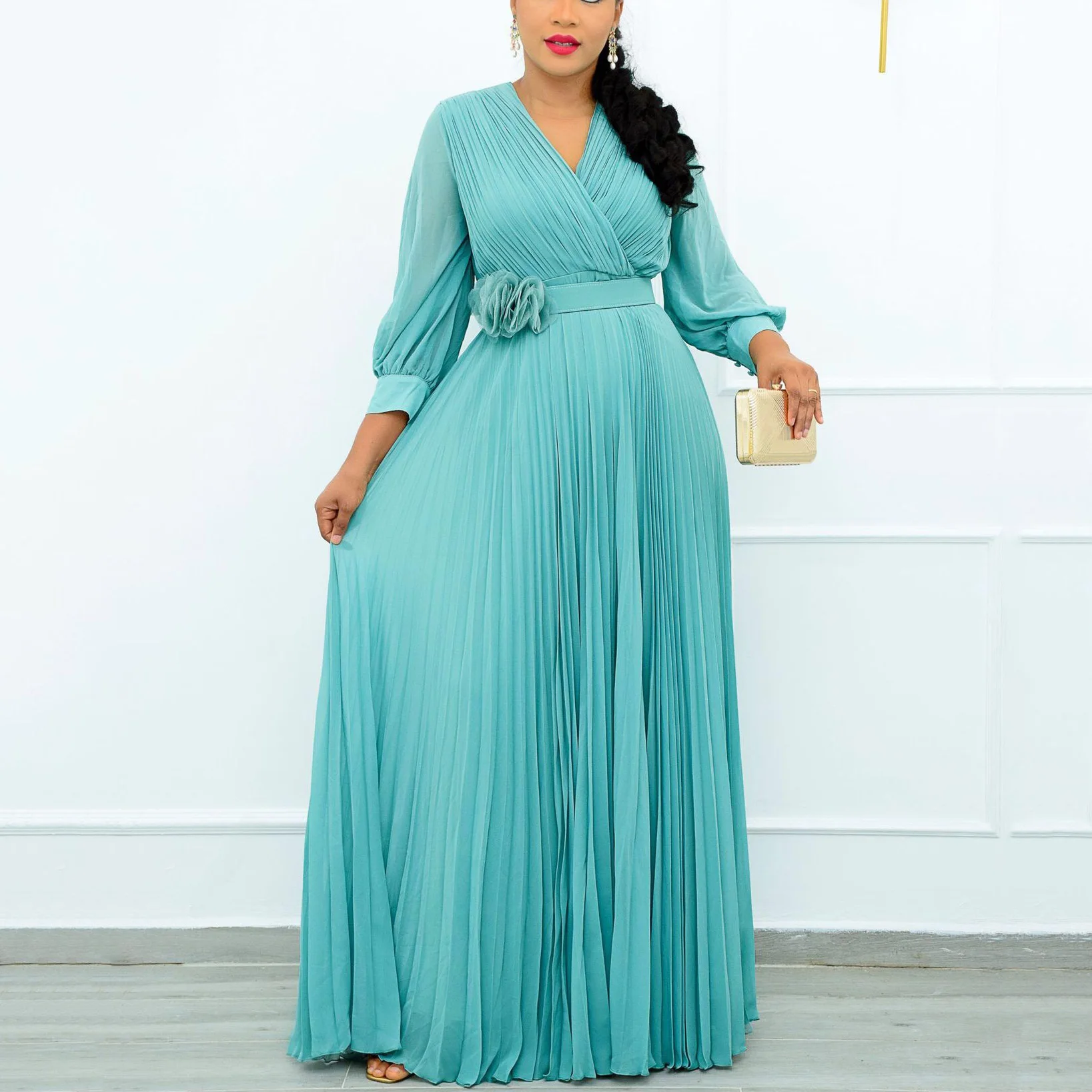 Elegant Pleated Dresses Blue Yellow Color for Womens V Neck High Waisted Floor Length Fashion Evening Night Party Vestidos Mujer
Elegant Pleated Dresses Blue Yellow Color for Womens V Neck High Waisted Floor Length Fashion Evening Night Party Vestidos Mujer