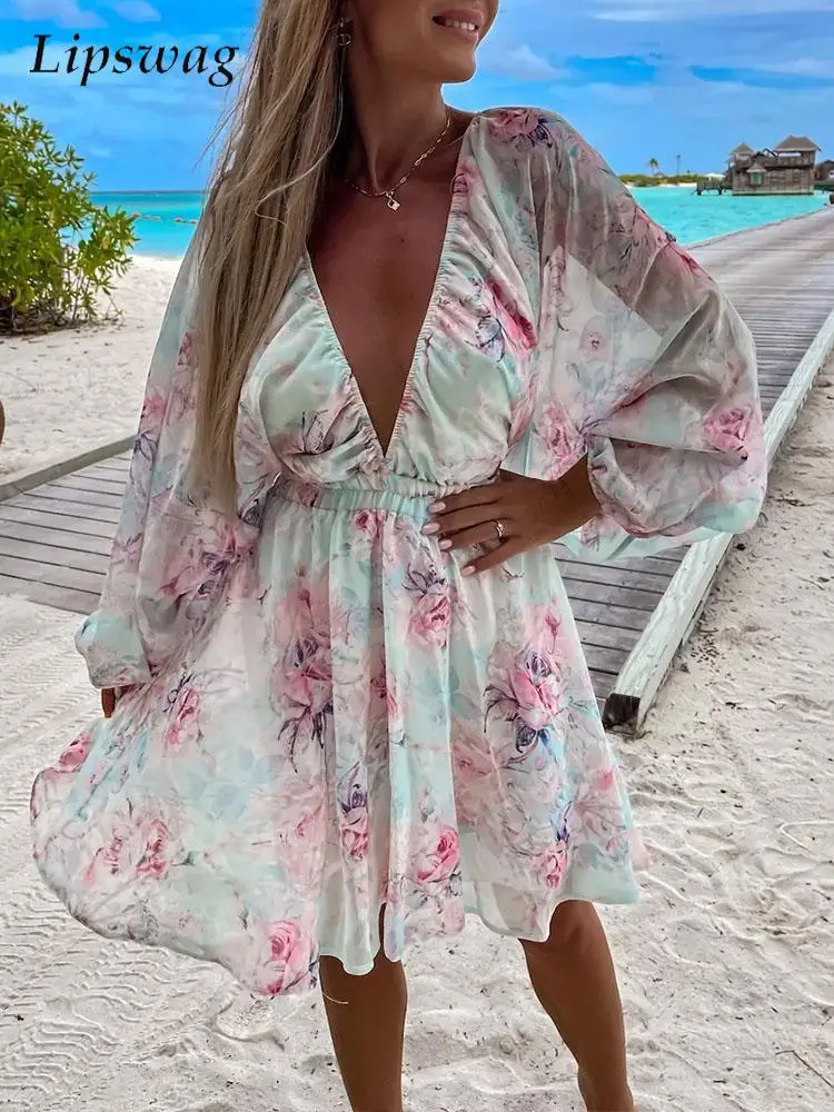 Sexy Women Deep V-Neck Mini Chiffon Dress Fashion Floral Print Long Sleeves Short Dress Lady Elegant Elastic Waist A-Line Dress
Sexy Women Deep V-Neck Mini Chiffon Dress Fashion Floral Print Long Sleeves Short Dress Lady Elegant Elastic Waist A-Line Dress