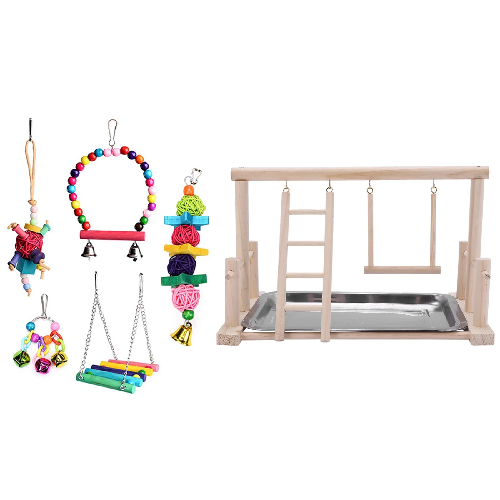 

Bird Hanging Shredding Swing Chew-Birds Ladder Bell Toys & Wood Play Stand and Stainless Steel Tray Pet Bird Frame