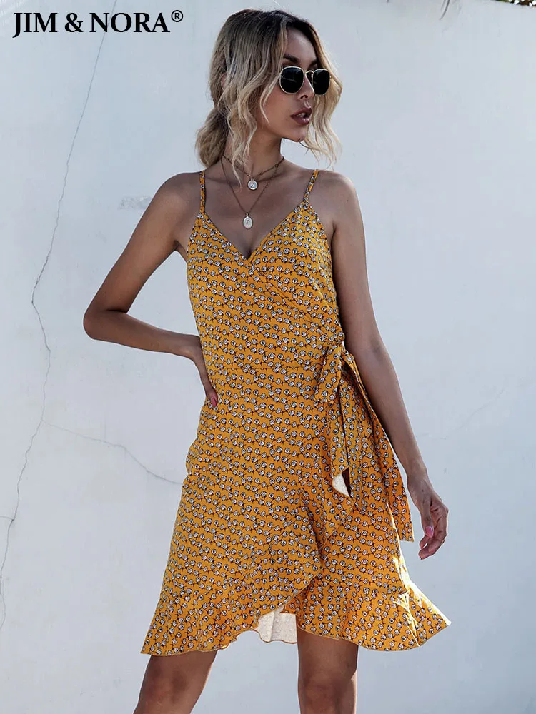 

JIM & NORA Summer Sexy Spaghetti Strap Women A-Line Camisole Dress Sweet Elegant Floral Ruffles Chic Flowers Mini Dresses