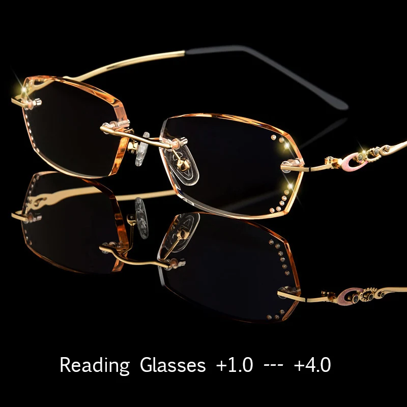

Diamond Trimming Rimless Reading glasses Royal Deluxe Anti-blue Light Glasses Women Gradient Presbyopic +1.0 +2.0 Top Quality