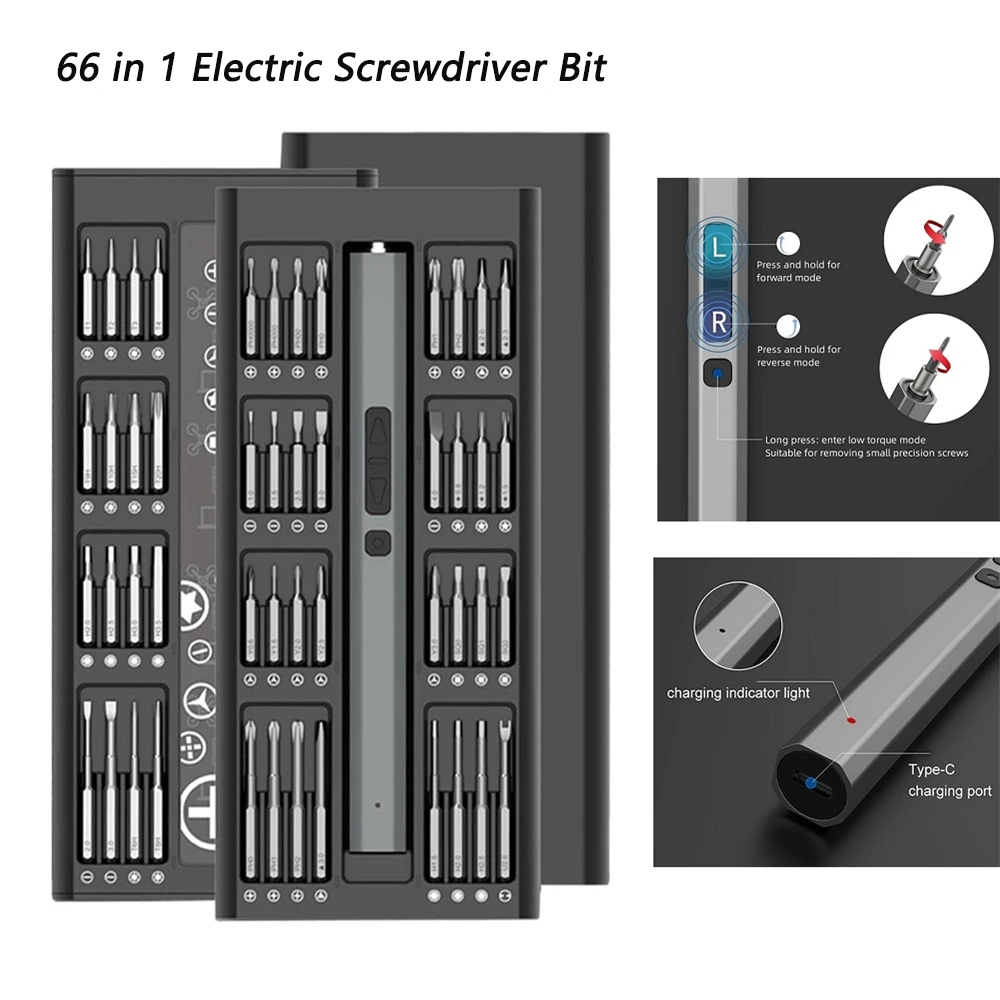 

66 IN 1 Electric Screwdriver Bit Set Large Capacity USB Rechargeable Torque Tool Magnetic Screwdriver Kit Precision Power Tools