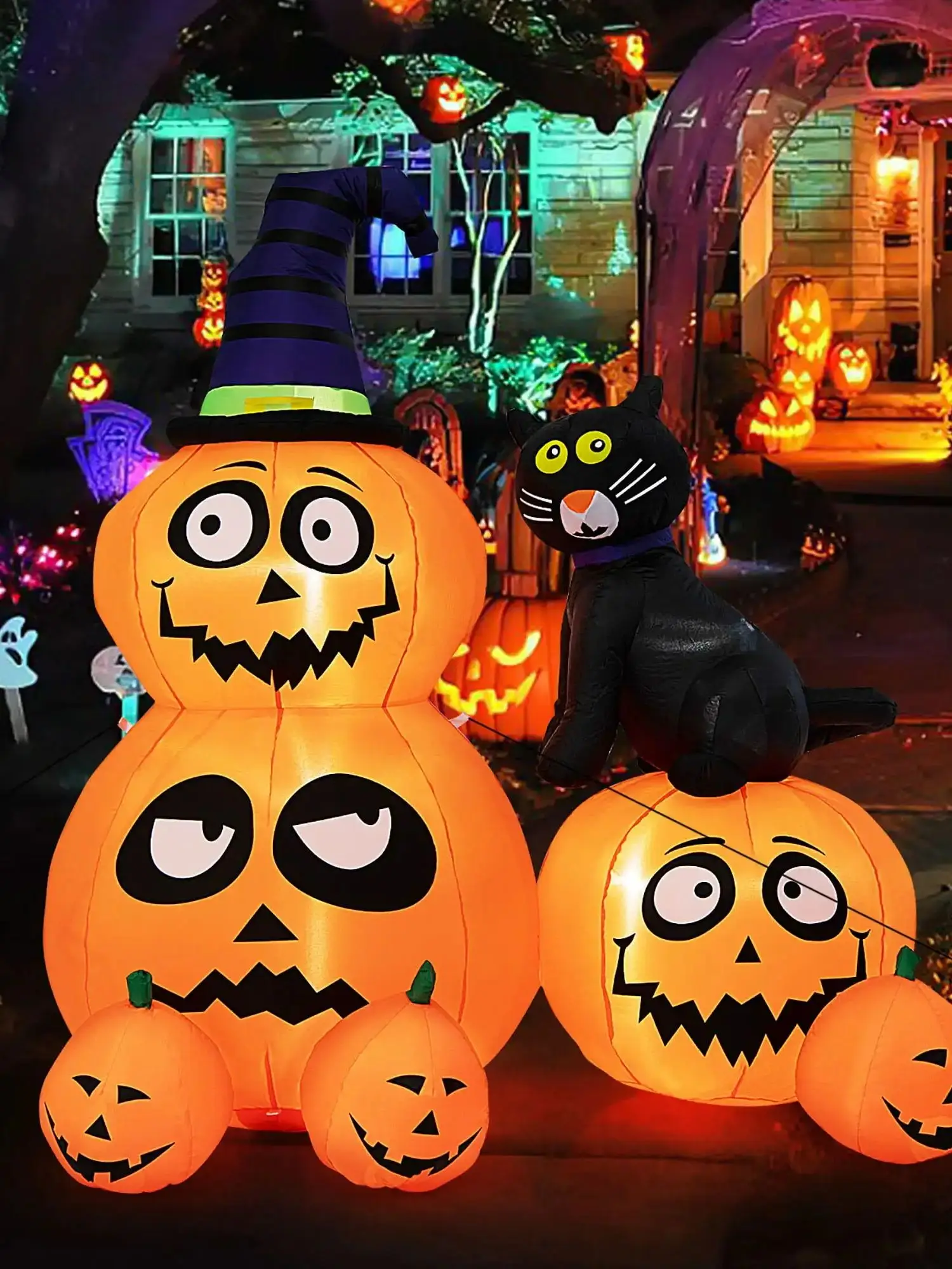 Halloween pumpkins and Witch's Black cat inflatable outdoor decorations with LED lights 
Halloween pumpkins and Witch's Black cat inflatable outdoor decorations with LED lights
