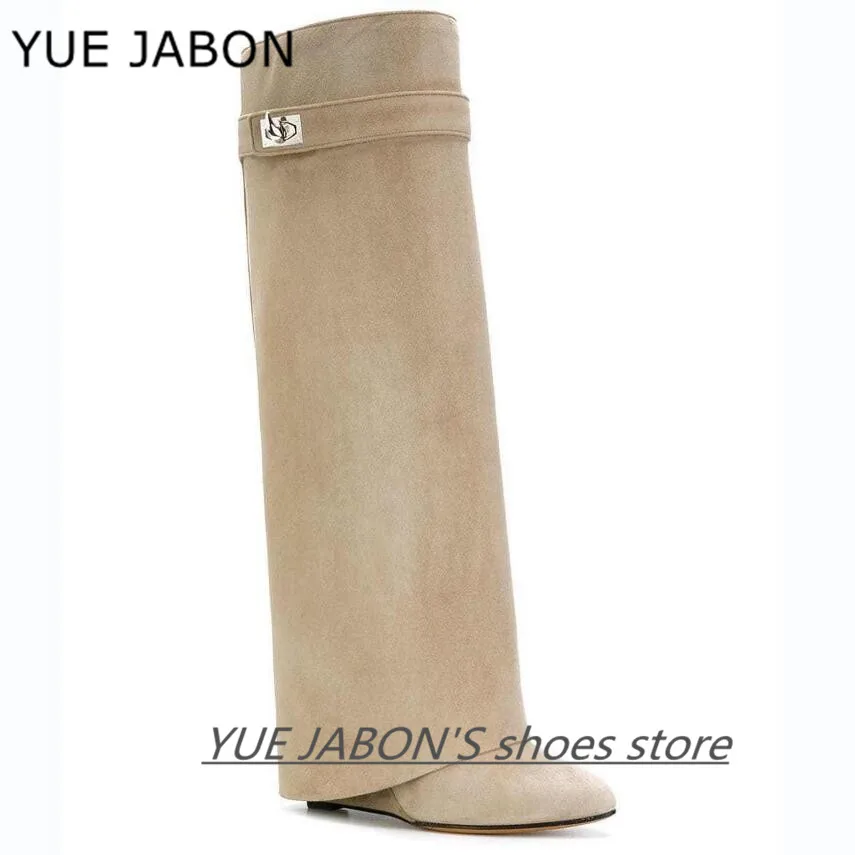 

Newest Nude Suede Shark Lock Knee High Tall Boots Wedge Heels Folded Metal Decoration Long Winter Boots Botas Mujer 2022