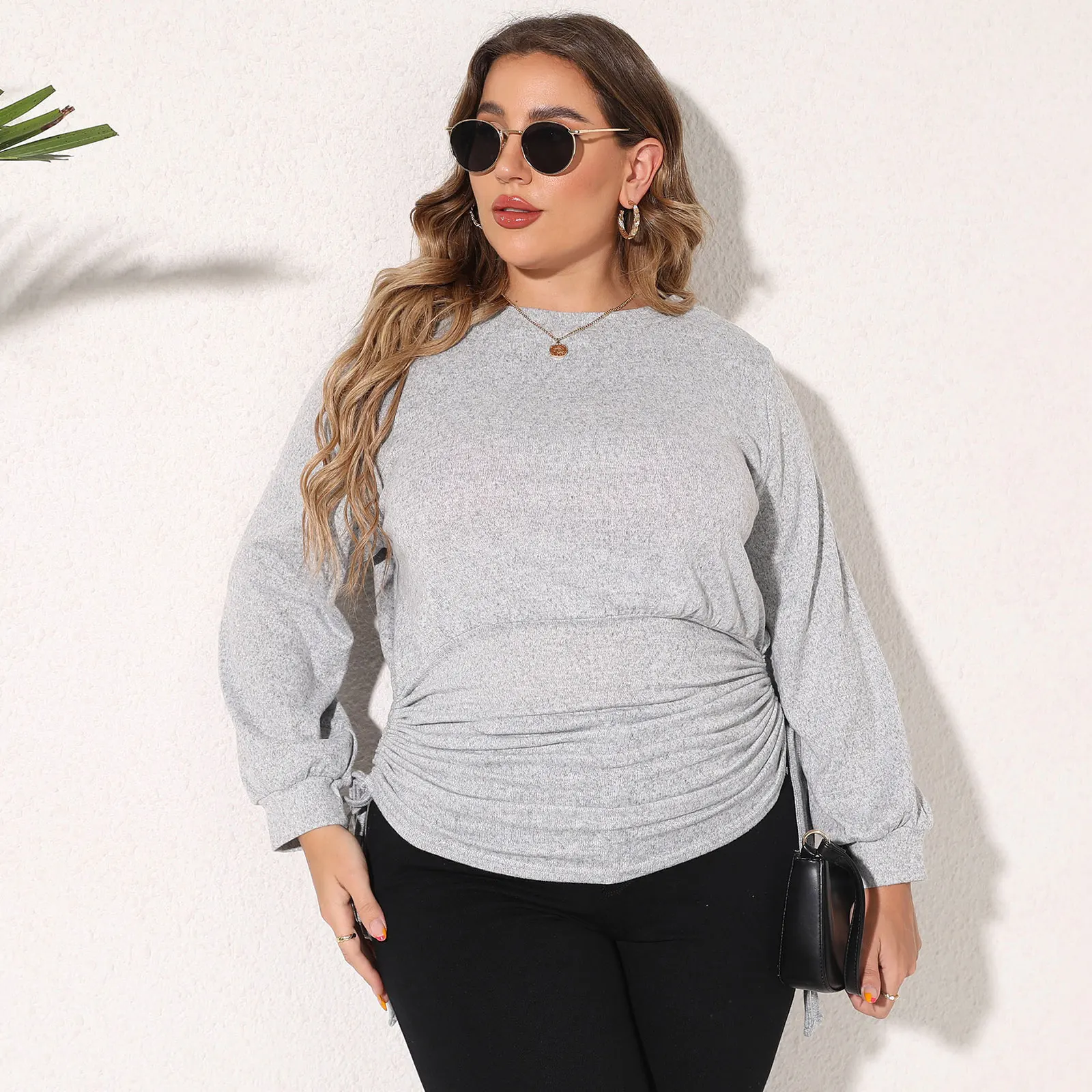 Plus Size Drawstring Ruched Sweatshirts for Women Stylish Solid Pullover Tops Autumn Round Neck 
Plus Size Drawstring Ruched Sweatshirts for Women Stylish Solid Pullover Tops Autumn Round Neck