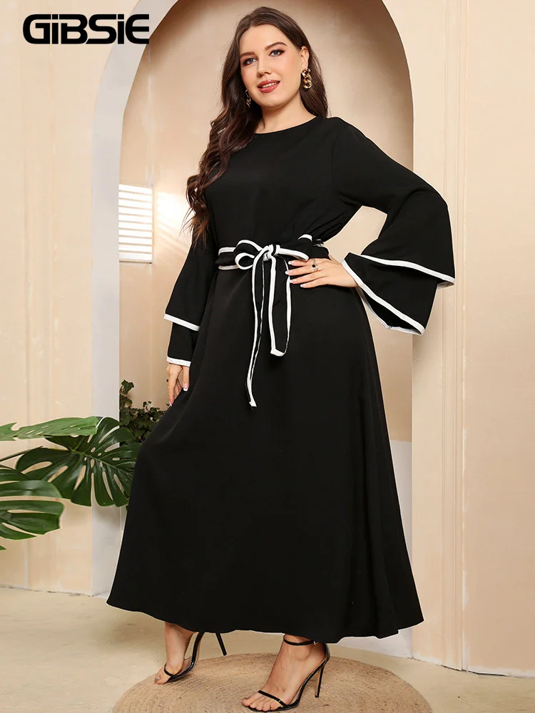 

GIBSIE Plus Size Contrast Binding Layered Flare Sleeve Belted Dress Women Spring Fall Elegant O-Neck A-line Maxi Long Dresses