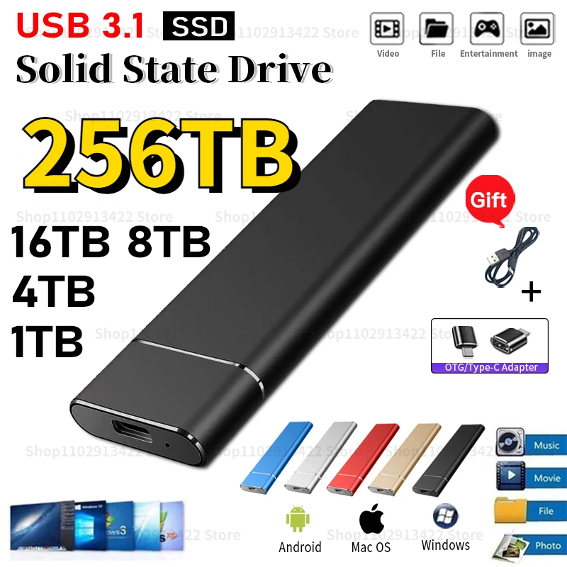 

Original External Hard Drive 256TB 128TB High-speed 2TB Portable SSD Mobile Solid State Drive USB3.1 Type-C for Laptop Mac PC