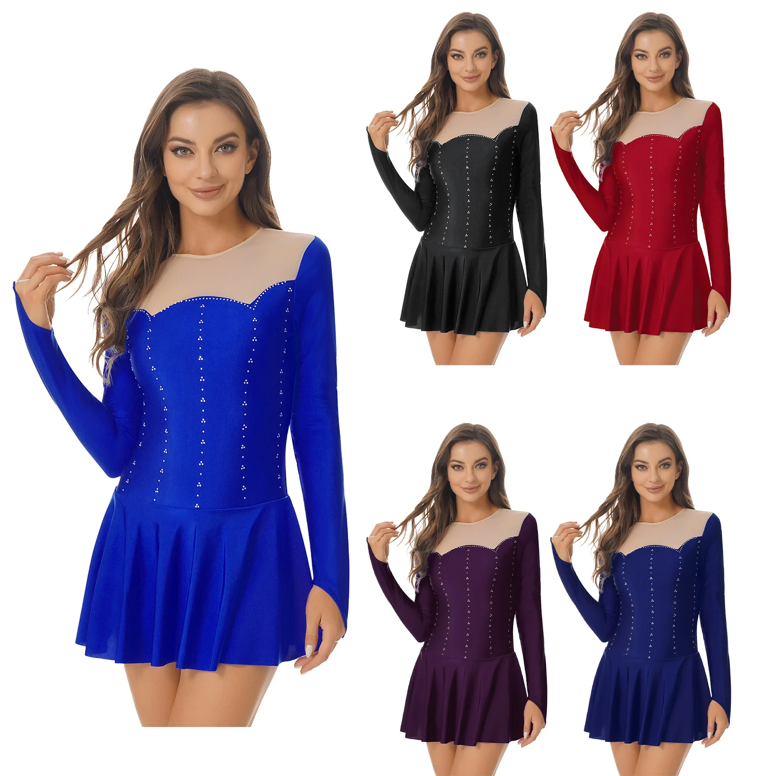 S-XL Womens Sheer Mesh Patchwork Glitter Rhinestone Dance Dress Figure Skating Costume Round Neck Long Sleeve Dresses
S-XL Womens Sheer Mesh Patchwork Glitter Rhinestone Dance Dress Figure Skating Costume Round Neck Long Sleeve Dresses