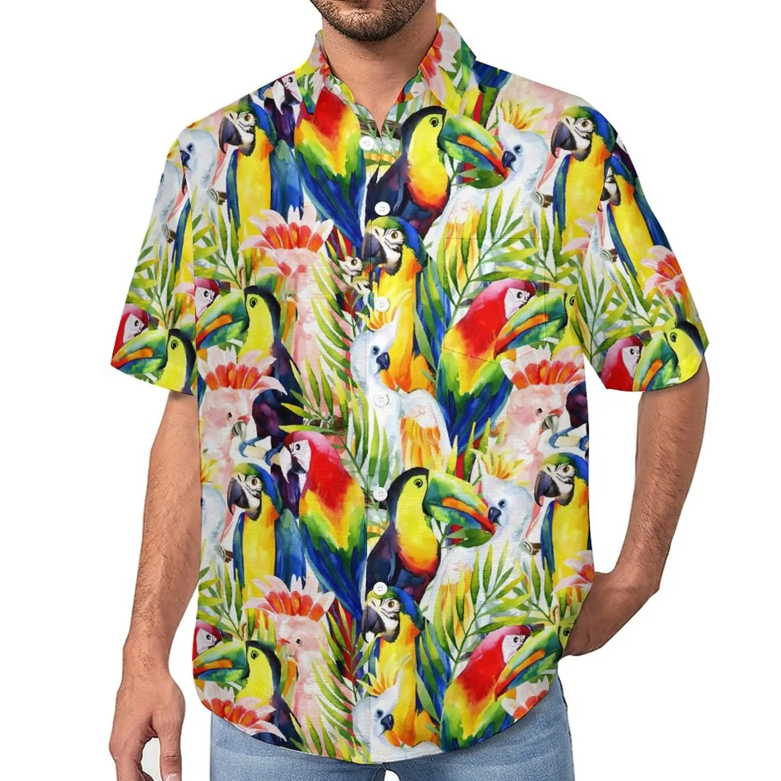 

Tropical Birds Blouses Parrots And Palm Leaves Casual Shirts Hawaii Short Sleeve Graphic Street Style Oversize Vacation Shirt