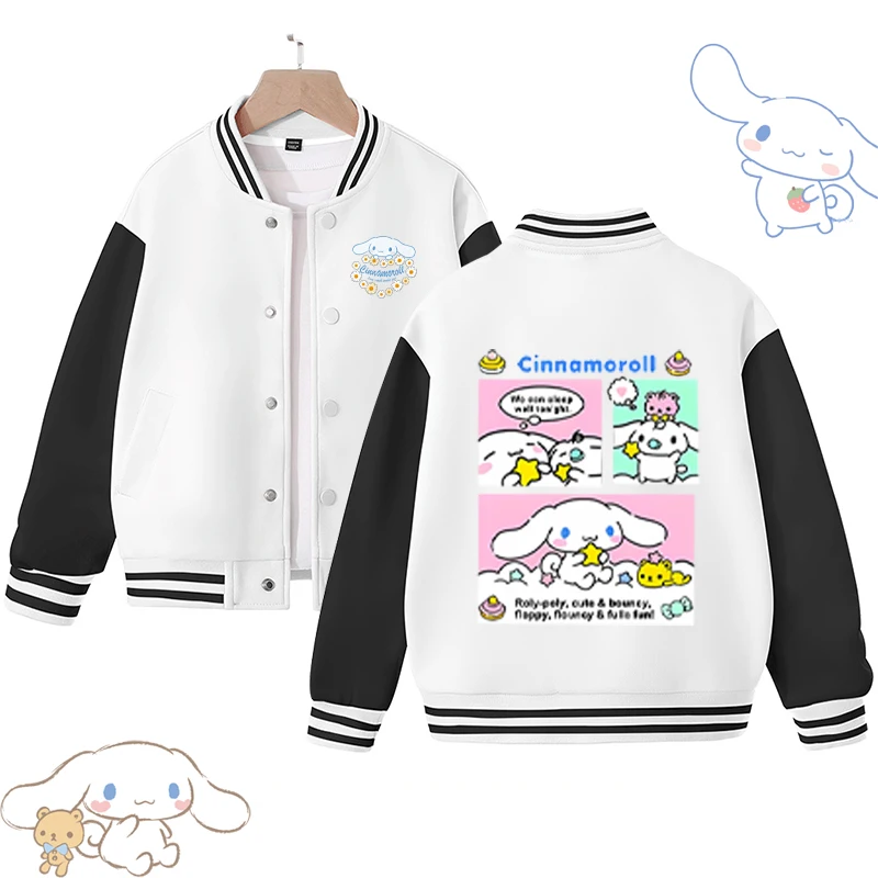 

Sanrios Cinnamoroll kawaii Anime Cartoon Kids Baseball Uniform Boy Girl Spring Autumn Jackets Bomber College Coat Clothes 3-14Y