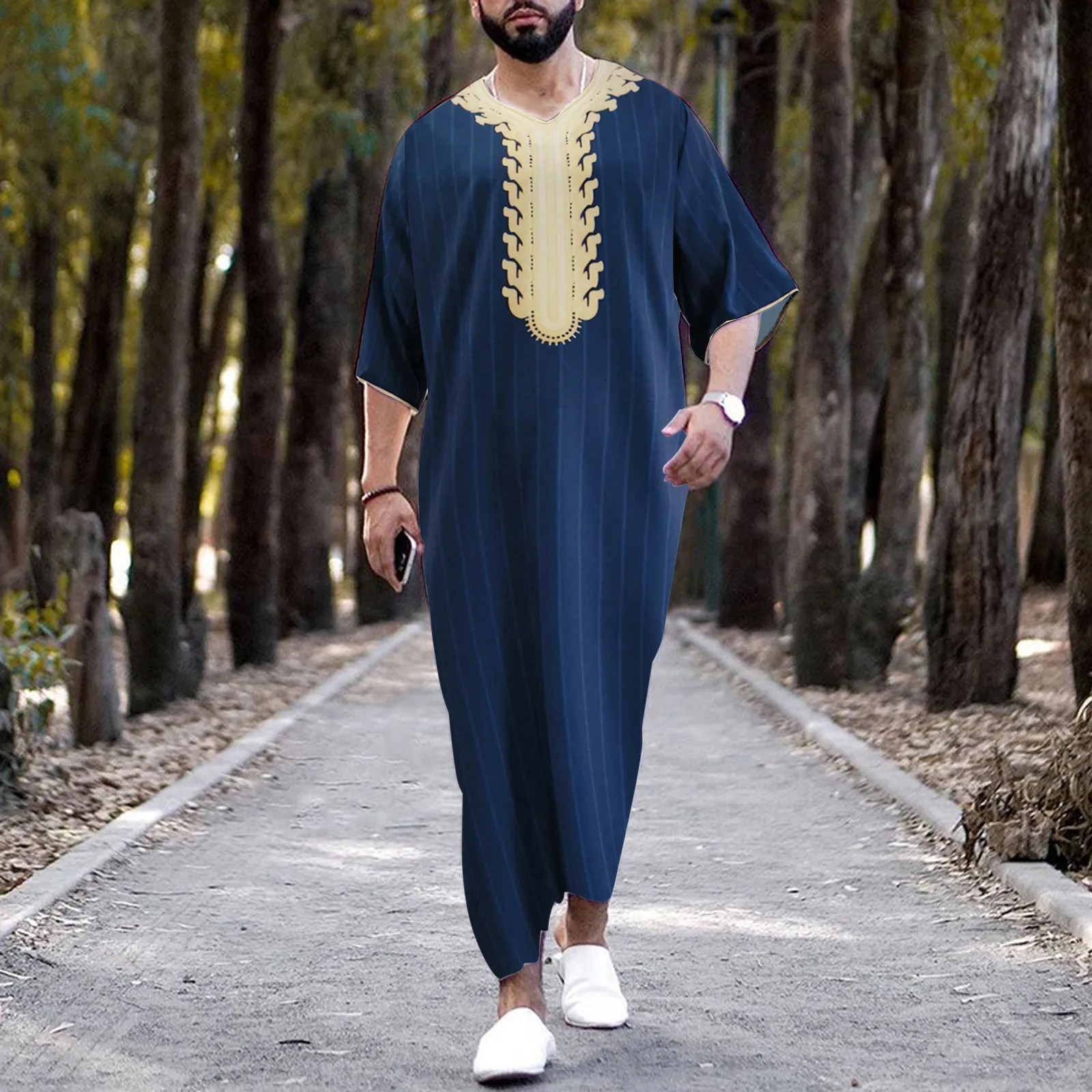 Male Casual Muslim Striped Printed Robe V Neck Middle Sleeve Split Hem Blouse Robe Mens Button down Casual 
Male Casual Muslim Striped Printed Robe V Neck Middle Sleeve Split Hem Blouse Robe Mens Button down Casual