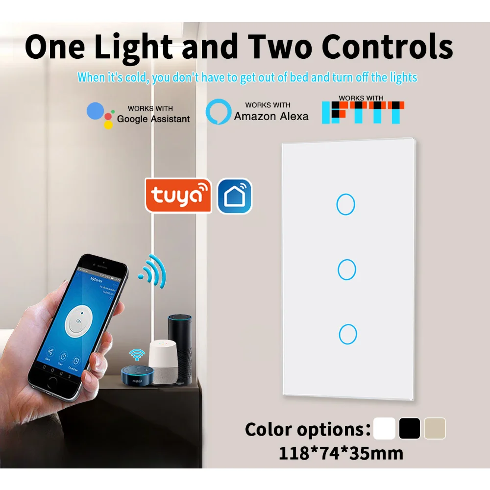 Tuya Wifi Smart Switches US 118 10A 1/2/3 Gang 110v 220v Balck White with App Contorl Alexa Voice Touch Glass Panel Dual Switch 
Tuya Wifi Smart Switches US 118 10A 1/2/3 Gang 110v 220v Balck White with App Contorl Alexa Voice Touch Glass Panel Dual Switch