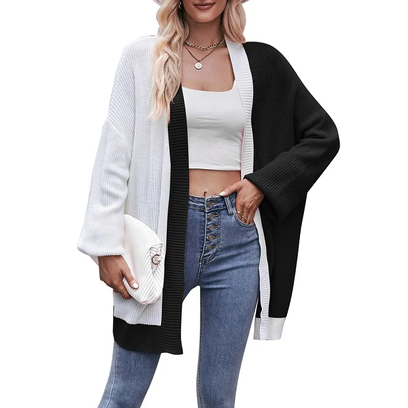 

2023 Fall Long Knitted Cardigans Women's Sweater Batwing Sleeve Open Front Ribbed Contrasting Colors Outwear Jacket Coat Sweater