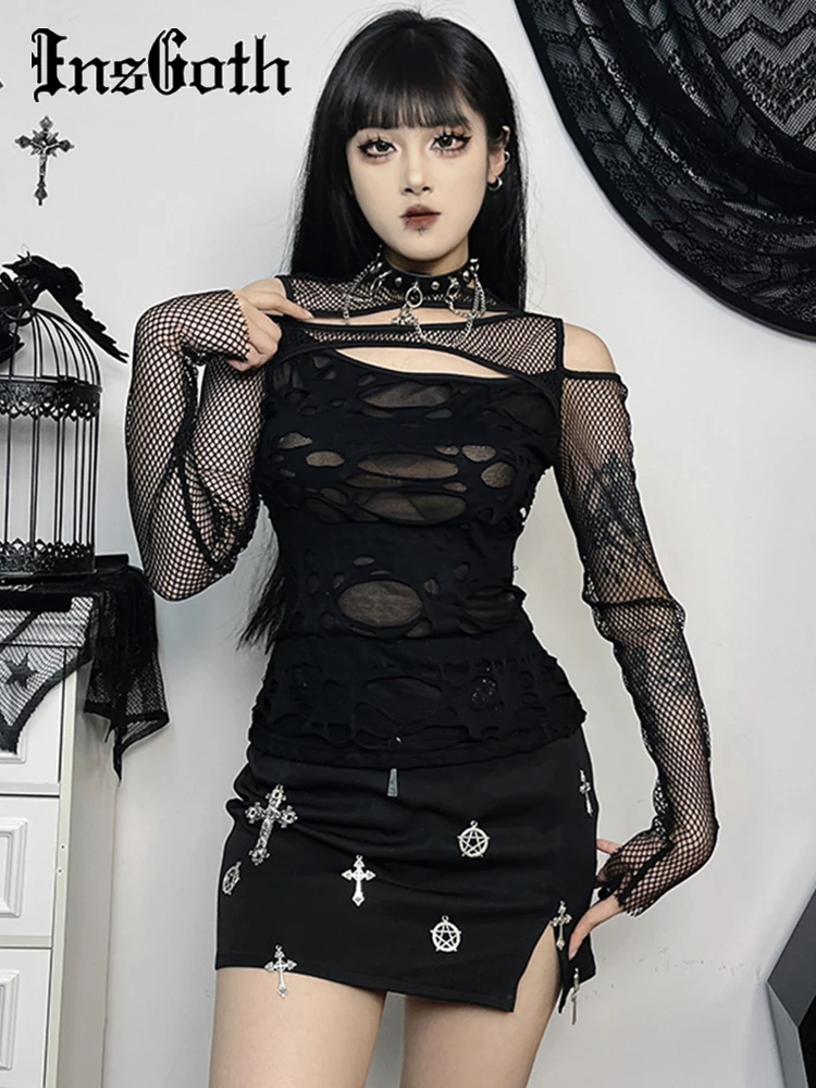 

InsGoth Gothic Mesh Hole Long Sleeve T-Shirts Women's Mock Neck Slim Fit Fishnet Sheer Blouse Cut Out Rave Tops See Through Top