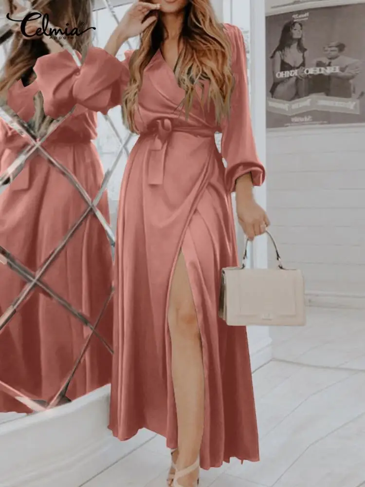 Elegant Puff Long Sleeve Long Sundress Celmia Fashion Women Satin Silk Maxi Dresses Casual V Neck Pleated Wrap High Spilt Robes
Elegant Puff Long Sleeve Long Sundress Celmia Fashion Women Satin Silk Maxi Dresses Casual V Neck Pleated Wrap High Spilt Robes