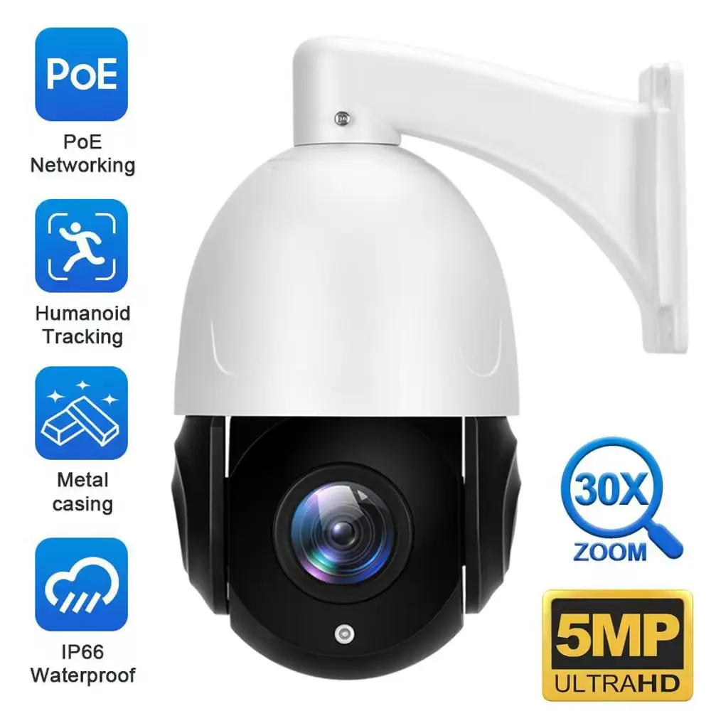 

5mp PTZ IP POE Security Surveillance Camera 30X Optical Zoom CCTV 2-Way Audio Record Outdoor Street Night Vision IP66 Waterproof