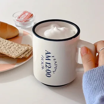 HAPPY HOUR AM 12:00 Nordic Retro Mug Medieval Ceramic Coffee Cup English Letter Milk Latte Juice Tea Cup Home Office Mug