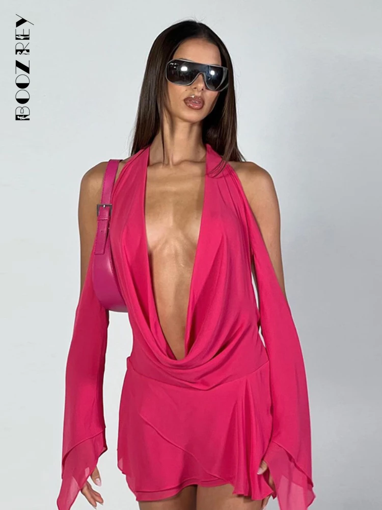 

BoozRey Solid Halter Long Sleeves Irregular Hollow Out See Through Draped Mini Dress Sexy Summer Women Outfit Rave Party Club