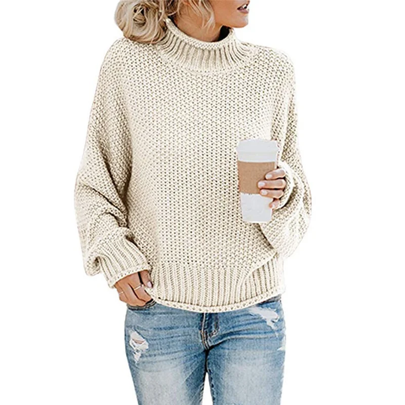 

Turtleneck Long Sleeve Knitwear Pullover Sweater Women Solid Color Knitted Tops Loose Short Coarse Yarn Knitting Sweaters Female