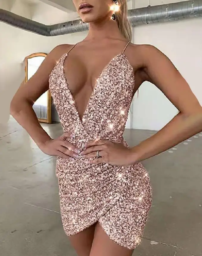 

Sexy Sequin Party Dress Plunge Spaghetti Strap Asymmetrical Cami Plain Mini Skinny Chic Women's Dresses Night Out