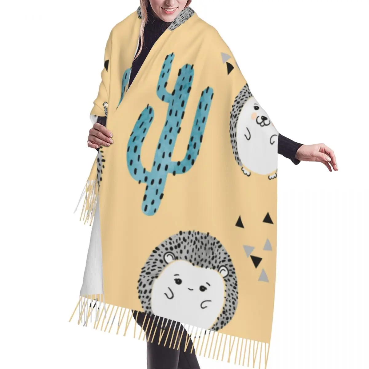 

Tassel Scarf Large 196*68cm Pashmina Winter Warm Shawl Wrap Bufanda Female Cute Watercolor Hedgehog And Cactus Cashmere Scarves
