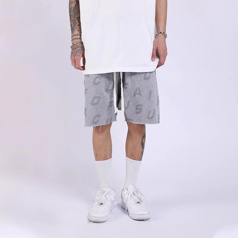 

Hip Hop Letters Foam Print Summer Streetwear Loose Raw Edge Casual Five-point Pants Harajuku Mens Sweat Shorts