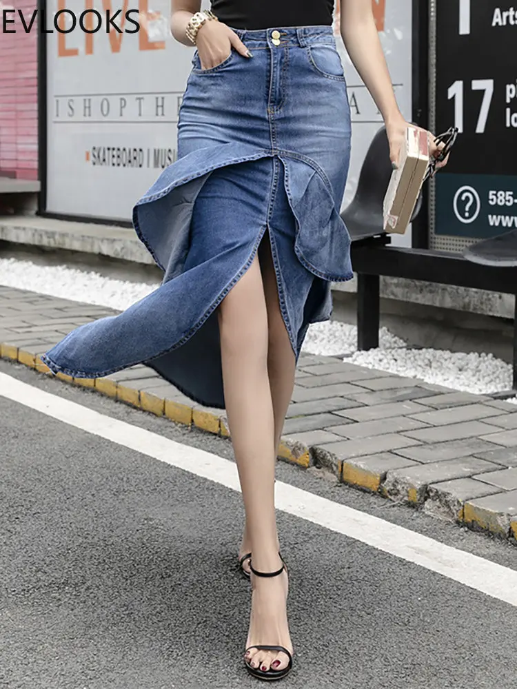 Женская джинсовая юбка-годе с оборками, с высокой талией
Женская джинсовая юбка-годе с оборками, с высокой талией