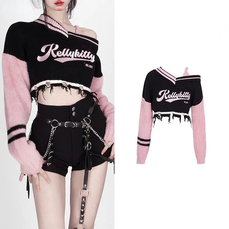 

Hikigawa Chic Fashion Women Crop Top Pink Sweater Y2k Broken Design Embroidery Long Sleeve sexy Off Shoulder Pullovers Knitwear