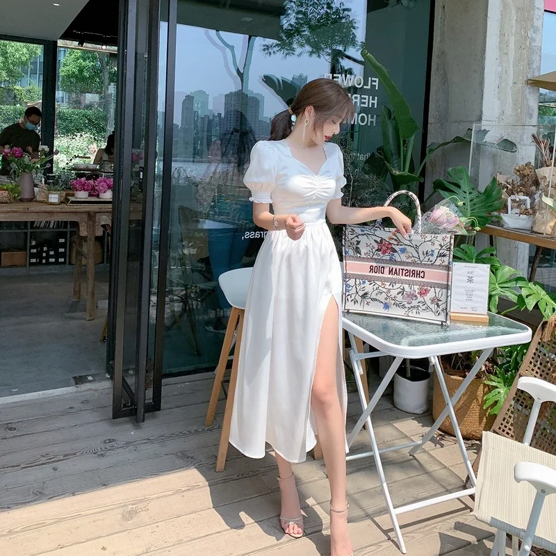 New Fairy Satin V-neck Side Slit Elegant Sweet Long Cottagecore Dresses Women Summer Sexy White Puff Sleeve Slim White Dress
New Fairy Satin V-neck Side Slit Elegant Sweet Long Cottagecore Dresses Women Summer Sexy White Puff Sleeve Slim White Dress