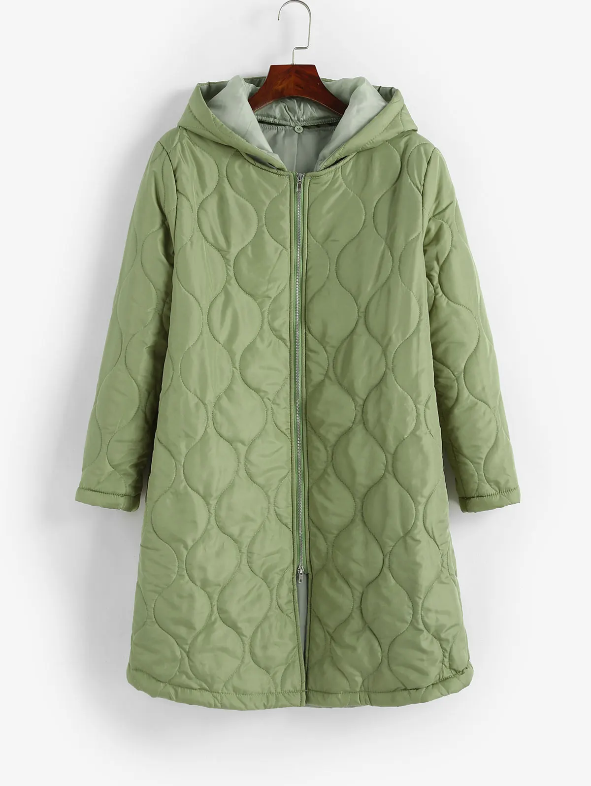 

ZAFUL Hooded Quilted Double Way Zip Longline Coat Autumn Winter Padded Jacket Women Casual Outwear