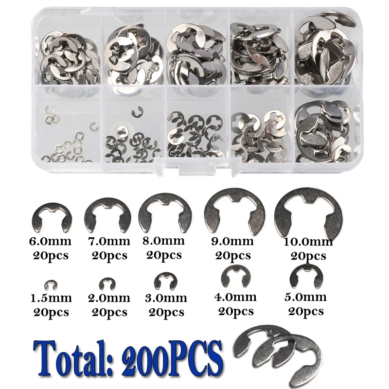 120/200pcs Stainless Steel Retaining Circlip Set Snap Ring стопорное кольцо E-Clip Washer Assortment for Shaft Fastener M1.5-M10
120/200pcs Stainless Steel Retaining Circlip Set Snap Ring стопорное кольцо E-Clip Washer Assortment for Shaft Fastener M1.5-M10