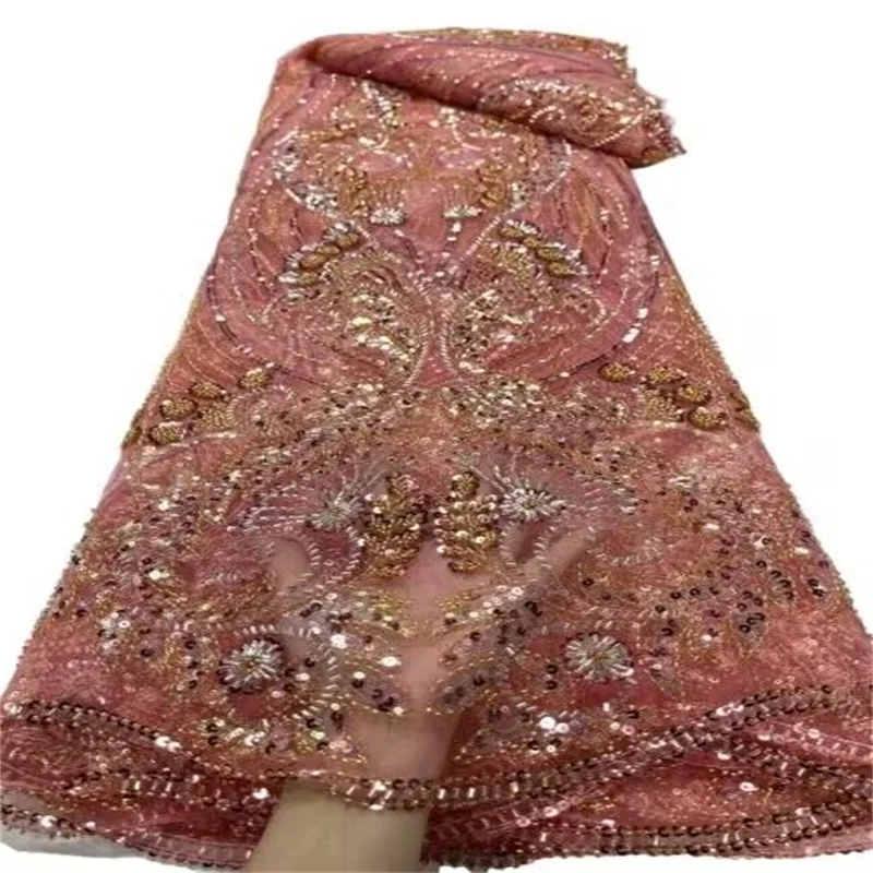 

Африканская кружевная ткань с блестками 2023 Розовая/Золотая Высококачественная вышивка из бисера нигерийский французский тюль кружевной материал для свадебного платья