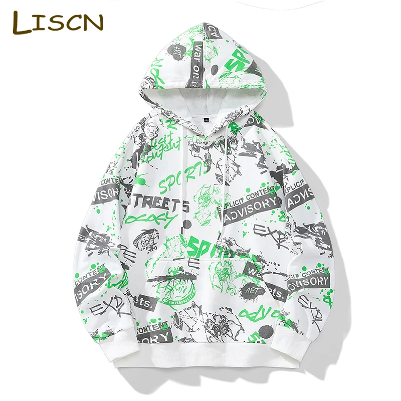 Толстовка мужская с капюшоном, Модный свитшот в стиле хип-хоп, белая Свободная кофта с принтом граффити, большие размеры, весна 
Толстовка мужская с капюшоном, Модный свитшот в стиле хип-хоп, белая Свободная кофта с принтом граффити, большие размеры, весна