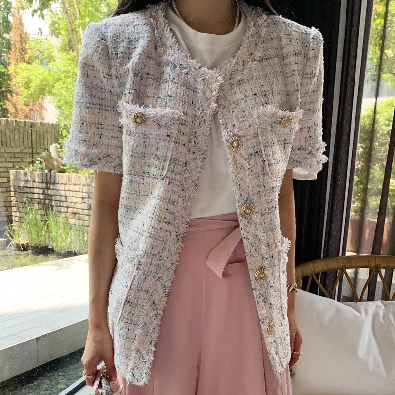 Tweed Jacket Ladies Korean Chic Summer French Retro O-neck Trim Single Breasted Fringed Design Short Sleeve Jacket Coat Women
Tweed Jacket Ladies Korean Chic Summer French Retro O-neck Trim Single Breasted Fringed Design Short Sleeve Jacket Coat Women