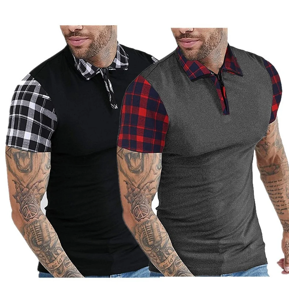 

Men's Checkered Splicing Short Sleeve Men's T-Shirt Casual Fashion Solid Color Polo Shirt