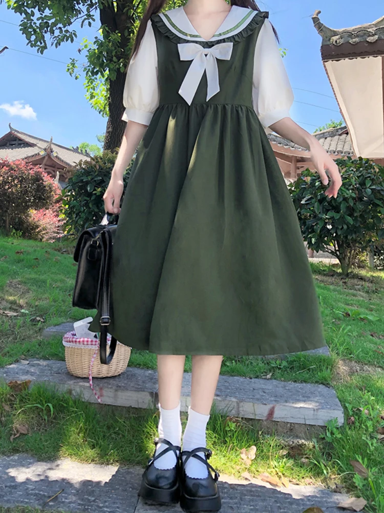 

KIMOKOKM Sweety Sailor Collar Bow Puff Sleeve Kawaii Ruffles Lace Mid-Calf Dress Japanese Lolita Style Soft Girly Princess Dress