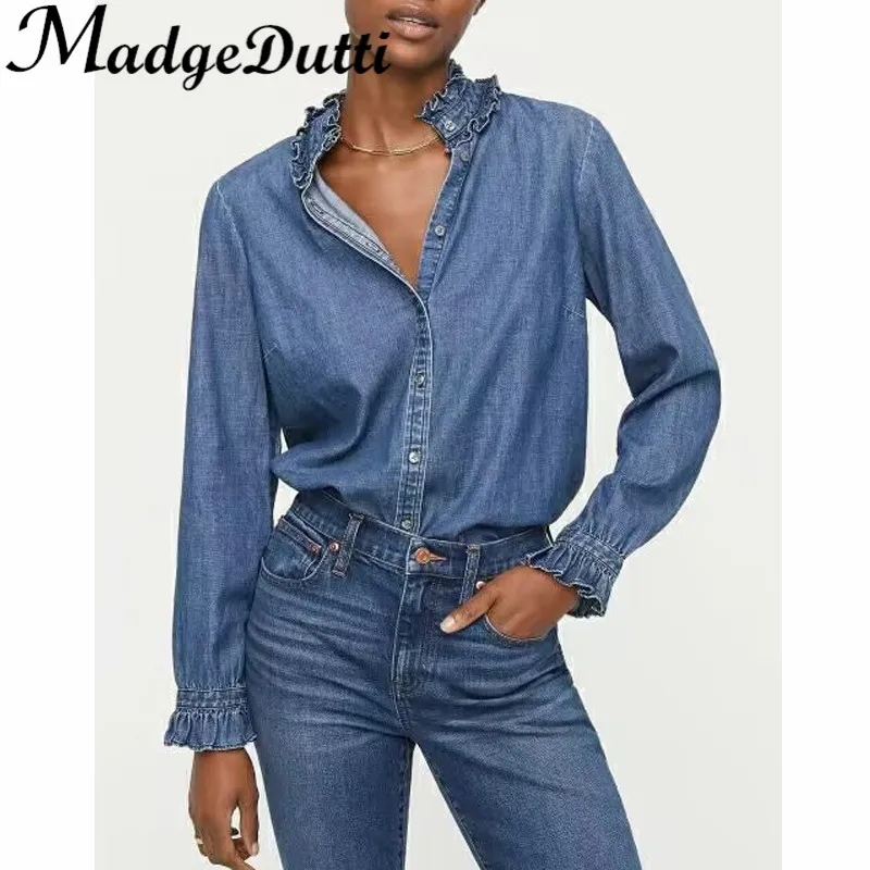 10.10 MadgeDutti Washed Denim Blouse Women Fashion Ruffle Half High Collar Design Long Sleeve Slim Shirt
10.10 MadgeDutti Washed Denim Blouse Women Fashion Ruffle Half High Collar Design Long Sleeve Slim Shirt
